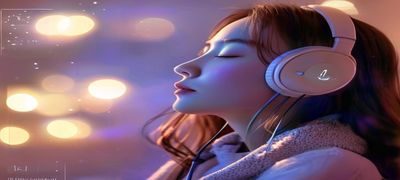 戴着耳机的年轻女性在柔和灯光下安静聆听ASMR助眠音频，画面温暖宁静，体现asmr网站助眠效果