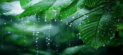 雨林自然环境中雨滴落在树叶上的特写，象征asmr网站白噪音与自然环境音内容类型
