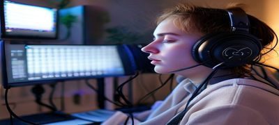 ASMR创作者在专业录音室内使用双麦克风录制轻触音效，展示asmr网站内容生产的专业环境